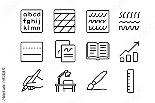 Creative Practice Icon Set. Outline icon set of creative practice: alphabet sheet, calligraphy grid, practice lines, stroke