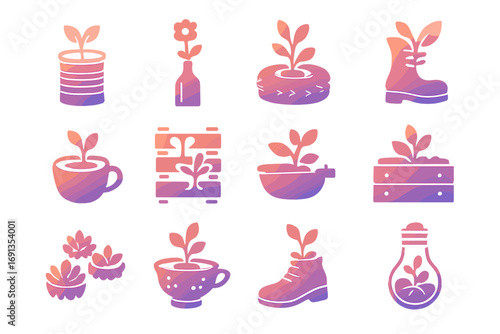 Creative Upcycled Planters. Gradient icons set of upcycled plant pot designs: tin can planter, wine bottle vase, tire planter,