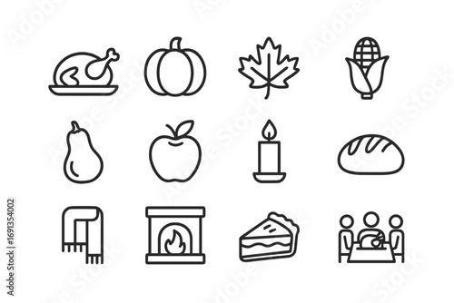 Autumn Celebration Icons. Outline icon set of autumn celebrations: turkey, pumpkin, leaf, corn, squash, apple,