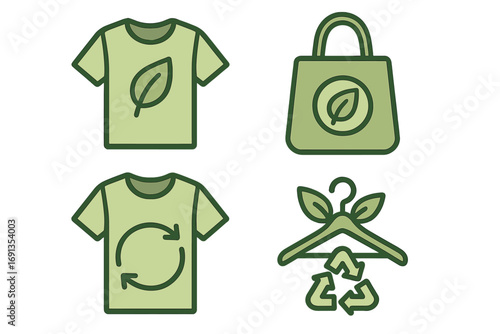 Eco-friendly clothing icon set. Sustainable fashion concept vector. Green apparel, slow fashion, recycling symbol. Circular economy, conscious consumerism, reusable bag.