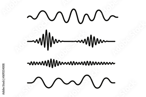 Sound wave patterns representing audio signals. Minimalist vector illustration showing various frequencies and amplitudes. Music equalizer waveform, voice pulse line icon set.