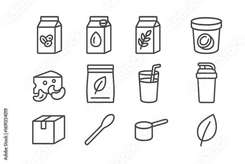 Dairy-Free Protein Icons. Outline icon set of dairy-free protein products: soy milk, almond milk, oat milk,