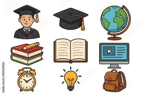Education icon set. Student life and learning symbols. Vector cartoon illustration for school, university, graduation, e-learning. Graduate, book, globe, computer, idea icons.
