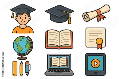 Education icon set for back to school. Student graduation, e-learning, and study concept. Vector cartoon illustration of a graduate, diploma, book, globe, and laptop.