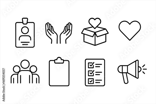 Volunteer Icon Set. Outline icon set of Volunteer partnerships: volunteer badge, helping hands, donation box,