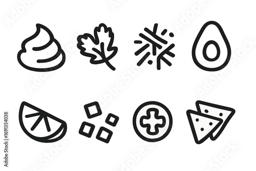 Food Garnish Icons. Solid, filled icon set of food garnishes: sour cream dollop, chopped cilantro, shredded cheese, sliced avocado