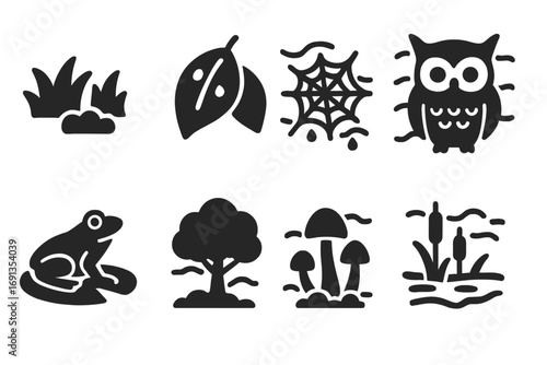 Fog Flora and Fauna. Solid, filled icon set of fog related flora and fauna: moss, wet leaves, dew spiderweb, owl in fog, frog on