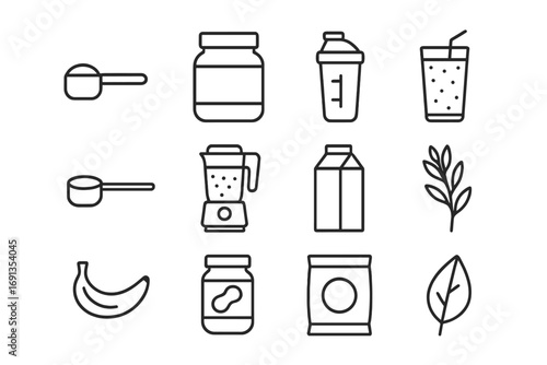 Protein Powder Icons. Outline icon set of protein powders: scoop, tub, shaker bottle, smoothie glass,