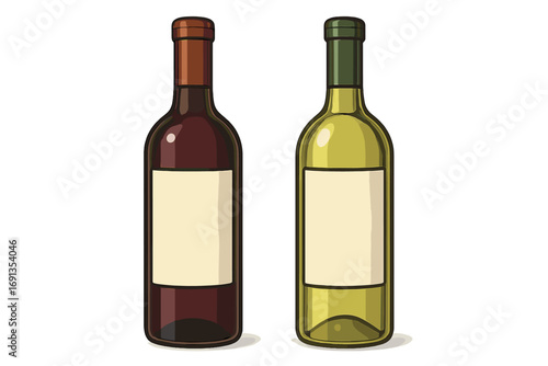 Two wine bottles, red and white, with blank labels for mockup or presentation. Vector cartoon illustration of alcoholic beverages, isolated set for design template or branding.