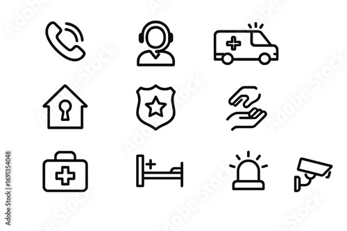 Crisis Intervention Icons. Outline icon set of crisis intervention resources: emergency hotline phone, crisis counselor, ambulance