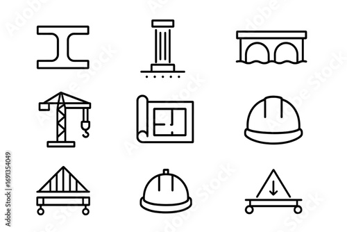 Structural Engineering Icons. Outline icon set of Structural engineering: beam, column, foundation, bridge,