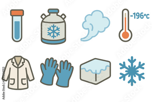 Cryogenic Lab Icons. Flat vector mini-illustrations Cryogenic freezing of samples in colors children’s illustrations: test tube,