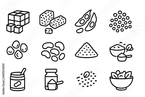 Plant Protein Icons. Outline icon set of plant-based protein foods: tofu, tempeh, edamame, lentils, chickpeas,