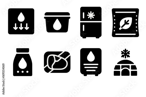 Food Storage Icons. Solid, filled icon set of moisture in food storage: humidity control, sealed container, refrigeration, vacuum