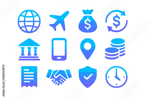 Cross-Border Remittance Icons. Gradient icons set of cross-border remittance: globe, airplane, money bag, currency exchange arrows