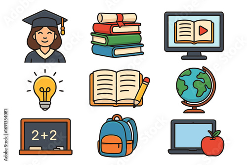 Education icon set. School, university, and student life symbols. Graduation cap, book, e-learning, knowledge, and back to school supplies. Vector cartoon illustration pack.