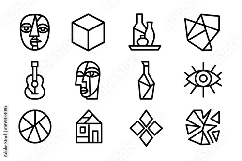 Cubism Icon Collection. Outline icon set of cubism: fragmented face, geometric cube, still life, overlapping shapes, guitar shape,