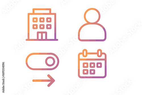 Gradient line icon set for business. Vector illustration includes office building, user profile, calendar schedule, and switch toggle with arrow. UI UX website app design.