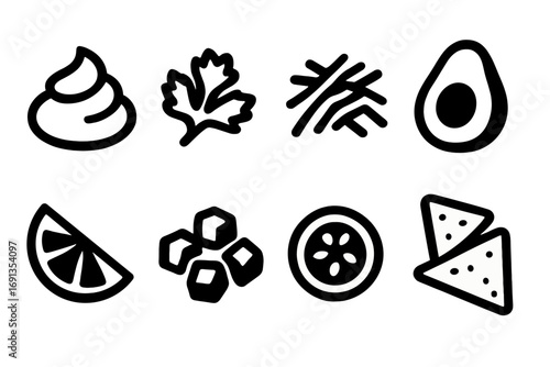 Food Garnish Icons. Solid, filled icon set of food garnishes: sour cream dollop, chopped cilantro, shredded cheese, sliced avocado