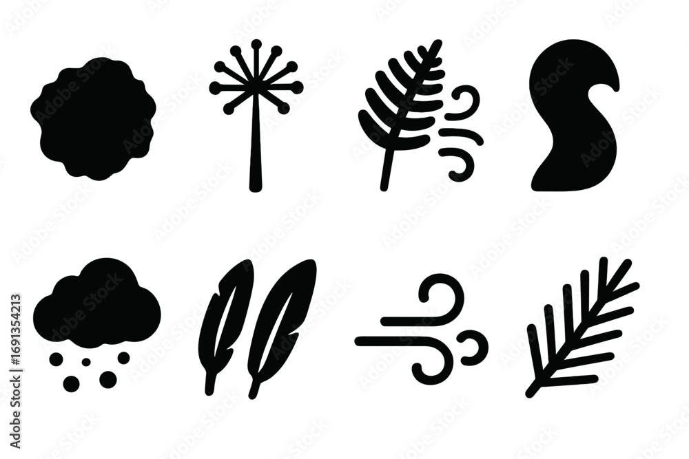 Fototapeta premium Forest Breeze Icons. Solid, filled icon set of forest breeze: moss patch, dandelion puff, rustling fern, squirrel tail, mushroom