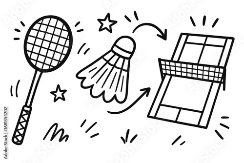Hand drawn badminton elements set with racket, shuttlecock, and court doodles, vector cartoon illustration, sports equipment collection, black line art on transparent background