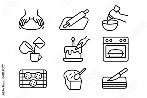 Baking Process Icons. Outline icon set of Baking process steps: kneading dough, rolling pastry, mixing