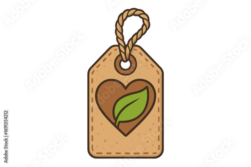 Eco friendly label vector. Sustainable tag illustration. Organic product badge. Natural food symbol. Recycled paper with heart and leaf. Ecology concept. Love nature sign. Bio icon.