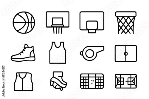 Basketball Icon Grid. Outline icon set of Basketball equipment: ball, hoop, backboard, net, sneakers, jersey,
