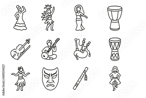 Cultural Performance Icons. Outline icon set of cultural and folk performances: flamenco dancer, samba dancer, belly dancer,