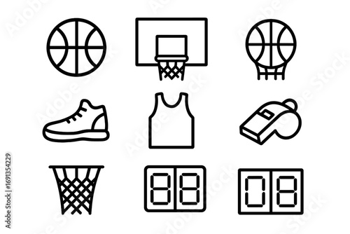 Basketball Icon Grid. Outline icon set of Basketball equipment: ball, hoop, backboard, net, sneakers, jersey,