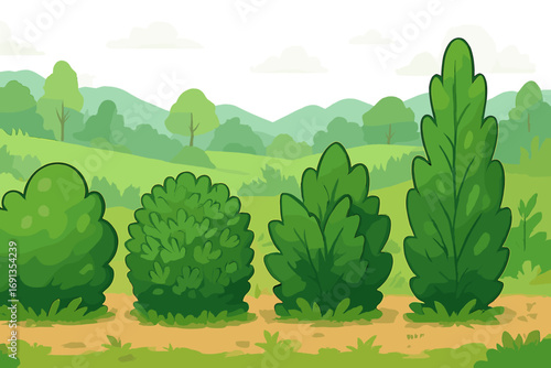 Set of green bushes. Cartoon vector illustration of various shrubs for game design or landscape background. Different foliage styles. Park and garden plant elements collection.