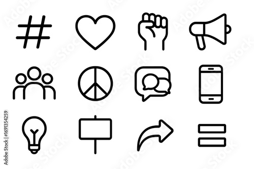 Social Media Activism Icons. Outline icon set of social media activism: hashtag, heart, raised fist, megaphone