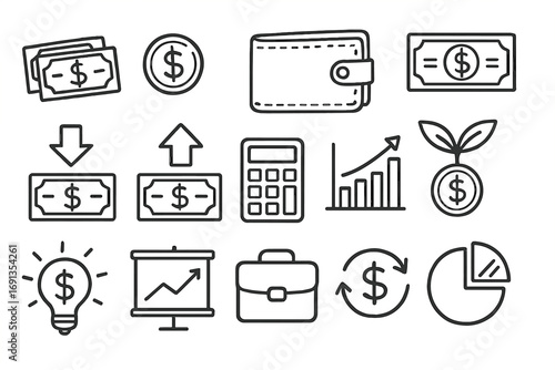 Hand-drawn finance icons set with money, wallet, business elements, calculator, growth chart, investment, light bulb idea, briefcase, currency exchange, pie chart, vector cartoon illustration