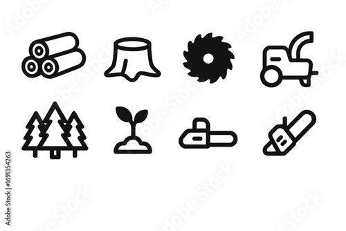 Forestry Biomass Icons. Solid, filled icon set of forestry biomass: log pile, tree stump, saw blade, bark chipper, forest canopy,