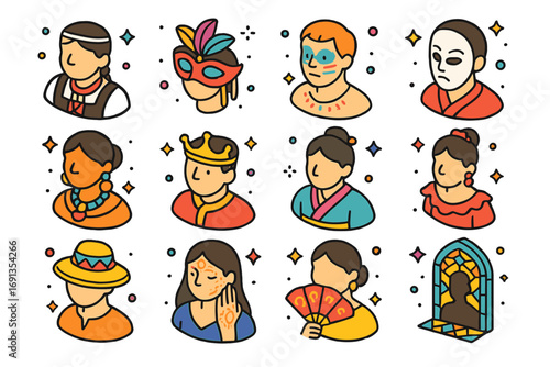 Cultural Self-Portrait Icons. Colorful isometric vector icons set of cultural and themed self-portraits: traditional costume,