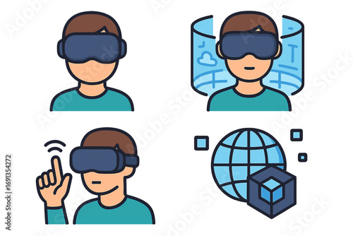 Virtual reality icon set. Man with VR headset. Augmented reality and metaverse concept. Immersive technology for gaming, simulation and business. Digital world user interface.