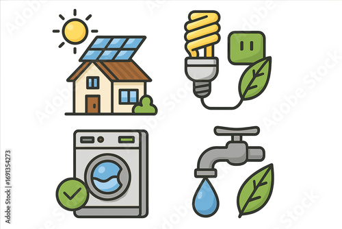 Sustainable home icon set. Green energy, water conservation symbols. Eco house with solar panels, energy saving light bulb, efficient washing machine, water tap vector.