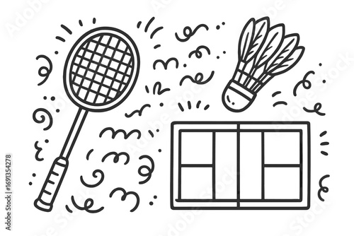 Hand-drawn badminton elements with racket, shuttlecock, court, doodles, vector cartoon illustration, transparent background, ordered set, sports equipment, game accessories