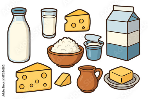 Dairy products set. Vector cartoon illustration. Milk, cheese, butter, cottage cheese, yogurt collection. Fresh farm food for breakfast. Healthy eating grocery items.
