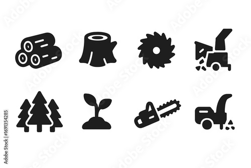 Forestry Biomass Icons. Solid, filled icon set of forestry biomass: log pile, tree stump, saw blade, bark chipper, forest canopy,