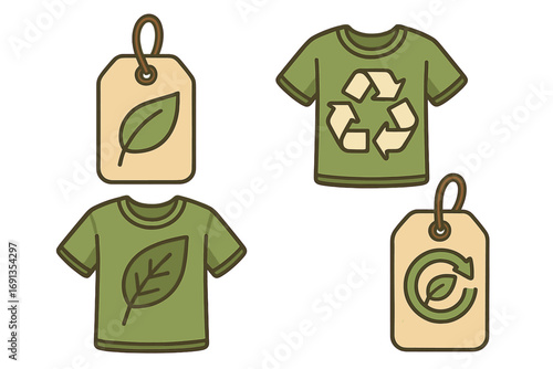 Sustainable fashion vector icons. Eco-friendly clothing, recycled apparel concept. Green t-shirt with leaf and recycle symbol. Natural carton label. Slow fashion illustration.