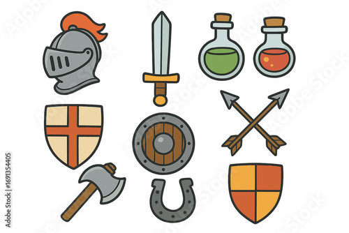 Medieval knight icon set. Fantasy RPG game assets. Vector cartoon illustration of helmet, sword, shield, magic potion, axe, and arrows. Middle Ages heraldry and battle symbols.