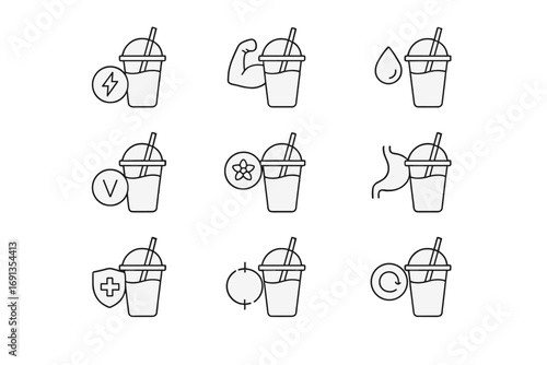 Smoothie Health Benefits Icons. Outline icon set of Smoothie health benefits: energy boost, muscle recovery,