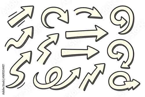Hand-drawn arrow collection. Big set of doodle pointers and curves showing direction. Dynamic movement in creative design. Vector cartoon illustration with a 3D effect.