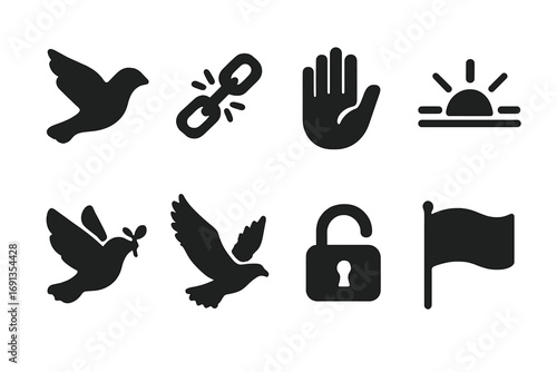 Freedom Icon Set. Solid, filled icon set of freedom symbols: flying bird, broken chain, open hand, rising sun, dove, soaring eagle
