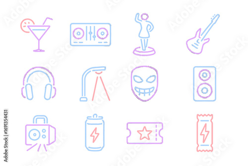 Cyberpunk Nightlife Icons. Outline icon set of cyberpunk nightlife: neon cocktail, DJ console, hologram dancer, futuristic guitar,