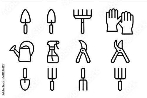 Rock Garden Tools Icons. Outline icon set of Rock garden tools: trowel, spade, rake, gloves, watering can,