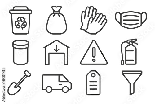Safe Disposal Icons. Outline icon set of safe disposal methods: recycling bin, trash bag, gloves, mask, sealed
