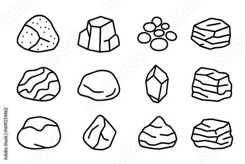 Decorative Stones Icons. Outline icon set of Decorative stones and rocks: granite, basalt, pebbles, slate,