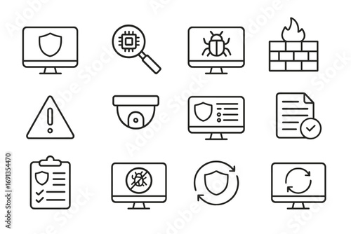Cybersecurity Icon Set. Outline icon set of cybersecurity monitoring: computer shield, malware scan, bug detection, network